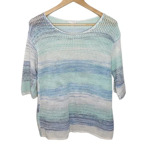 J Jill cotton tie dye crochet open knit 3/4 sleeve tunic length sweater size M