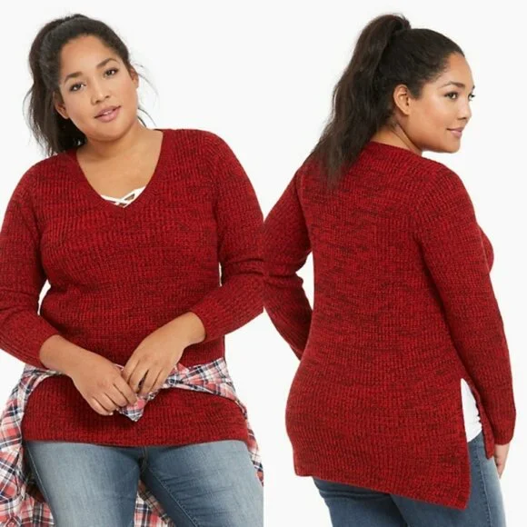 Torrid RED MARLED KNIT V-NECK Long Sleeve SWEATER EUC sz 3X