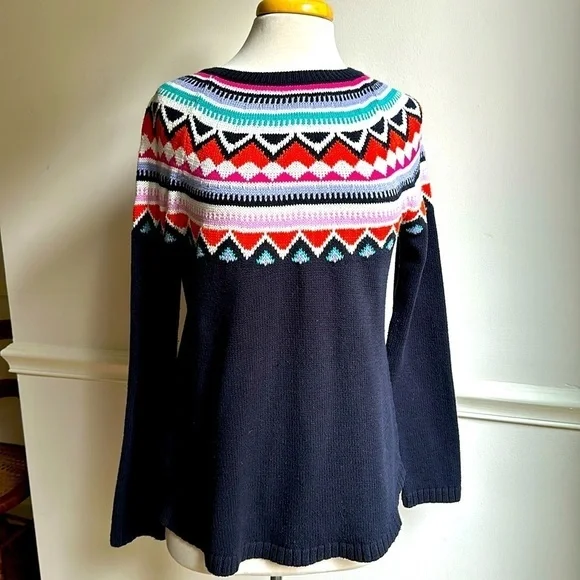 Talbots Fair Isle Sweater Crew Navy Pink Orange medium EUC