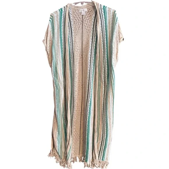 Christophe & Banks Women XL Knit Duster Cardigan Beige Green‎ Striped Fringe