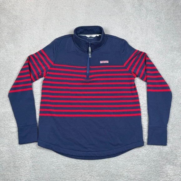 Vineyard Vines Shep Shirt Womens Small Navy‎ Red Striped Quarter Zip Thumbholes