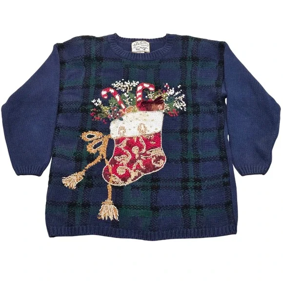 VTG Heirloom Collectibles Ugly Christmas Sweater Women Medium Plaid‎ Stocking