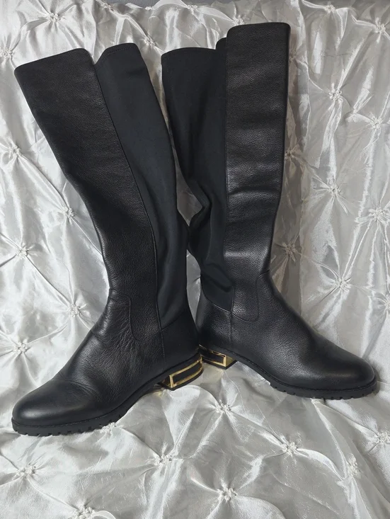 Michael Kors Black Over-the-Knee Leather Boots with Gold Heel Accent