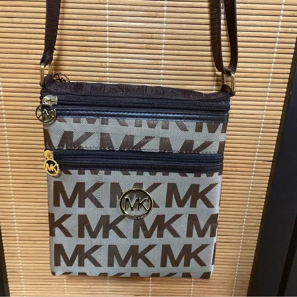 Michael Kors Brown MK Monogram Flat Crossbody Messenger Bag