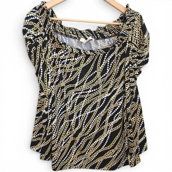 Michael Kors Top Womens XL Black Chain Print‎ Puff Sleeve Blouse Casual Ladies