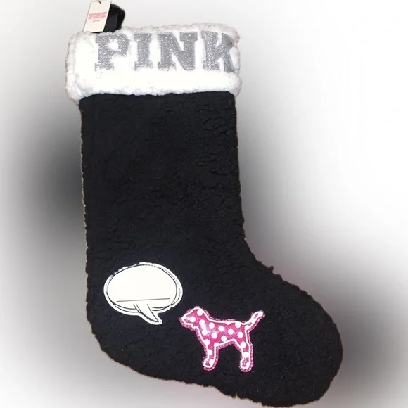 PINK Victorias Secret Black Fluffy Fleece Teddy Christmas Stocking Polka Dot Dog