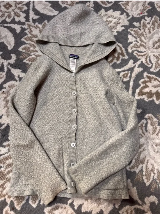 Rare Patagonia 100% Cashmere Hooded Cardigan Sweater Gray Soft Luxury Knit size
