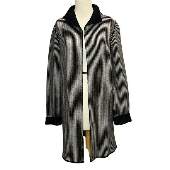 Cocogio Cardigan Sweater M Black‎ Tan Striped Wool Blend Cozy Coatigan Italy