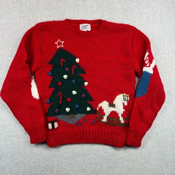 Vintage 80s Windcrest Hand Knit Christmas Sweater Women L 36