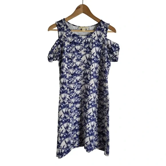 Michael Kors Blue White Tie Dye Cold Shoulder Dress Large Sunburst Mini