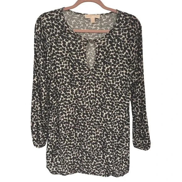 Michael Kors Blouse Medium Black White Abstract Keyhole 3/4 Sleeve Workwear Top