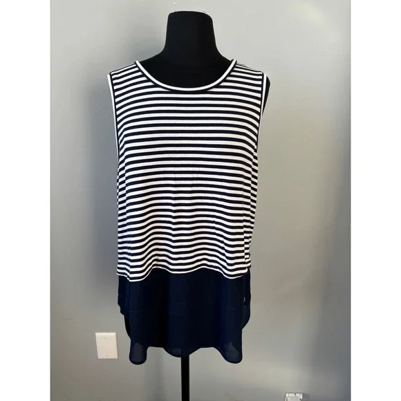 Michael Kors Striped Sleeveless Top Blouse Navy‎ Blue Chiffon Trim Size S