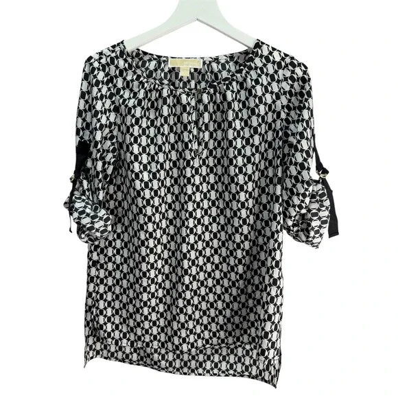 Michael Kors Blouse Women S Black White Geometric Print Roll Tab Sleeve Mod Top