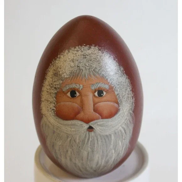 SIGNED Hand Painted Wooden Egg Santa Claus Christmas Folk Art 4.25” Tall Vintage
