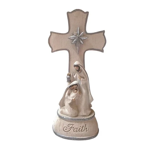 Faith Nativity Cross Figurine Holy Family Christmas‎ Decor Light Up Cream Silver