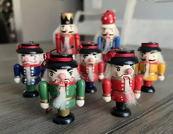 7 Vintage Wooden Nutcracker Hand Painted Ornaments 2 - 4” And 5 - 2.5”