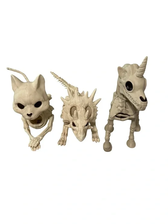 Halloween Skeleton Figurine Set Cat Unicorn Triceratops Bone Color Decor 3pc