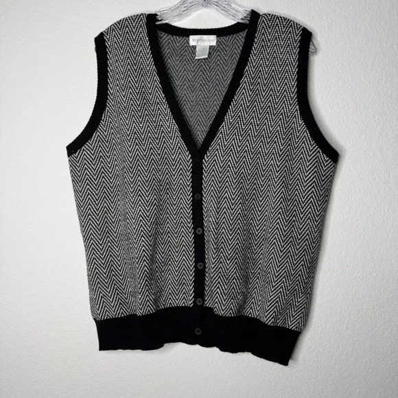 Worthington Black Herringbone‎ Button Front Sweater Vest Wool Cashmere Womens XL