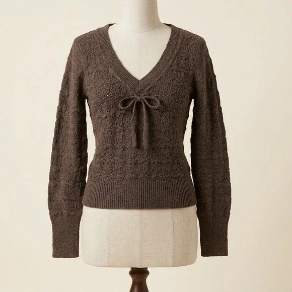 Hollister Brown Pointelle Knit V-Neck Tie Front Sweater Coquette‎ Dainty M