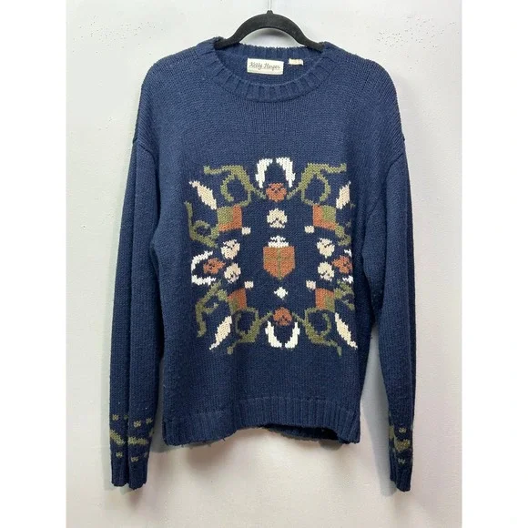 Kelly‎ Harper Navy Blue Geometric Pattern Knit Sweater Women's Size Large