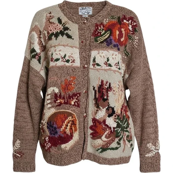 Heirloom Collectibles Vintage Fall Squirrel Pumpkin Cardigan Sweater Brown M