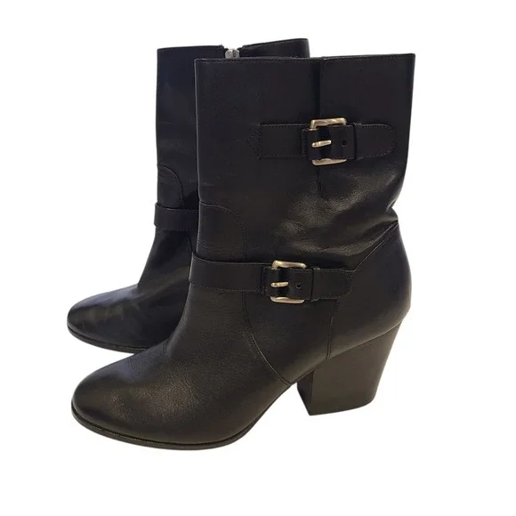 Michael‎ Kors Black Leather 2 Buckle Mid Calf Boots Size 11 Block Heel Moto