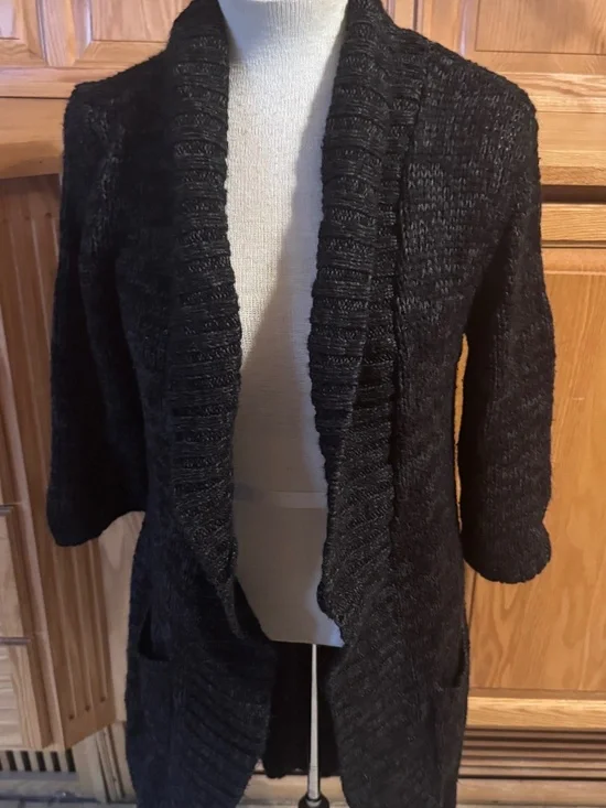 Women's Candies XL Knee Length Open Front 3/4 Length Sleeves Black Sweater