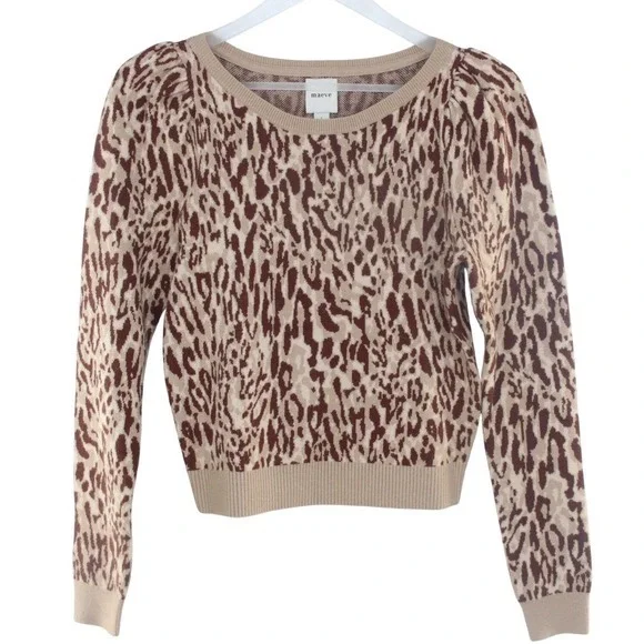 Maeve Pullover Sweater Leopard Print‎ Puff Sleeve Size Small Tan Brown