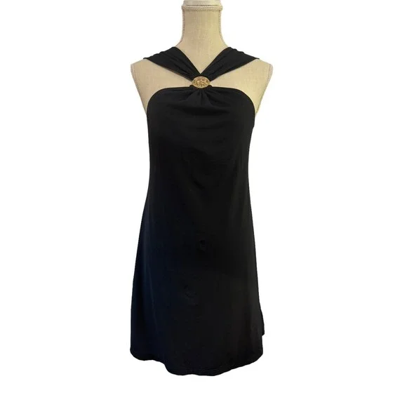 Y2K Michael Michael Kors Gold Logo Cruise Black Swing Dress Sz S‎ Small Halter