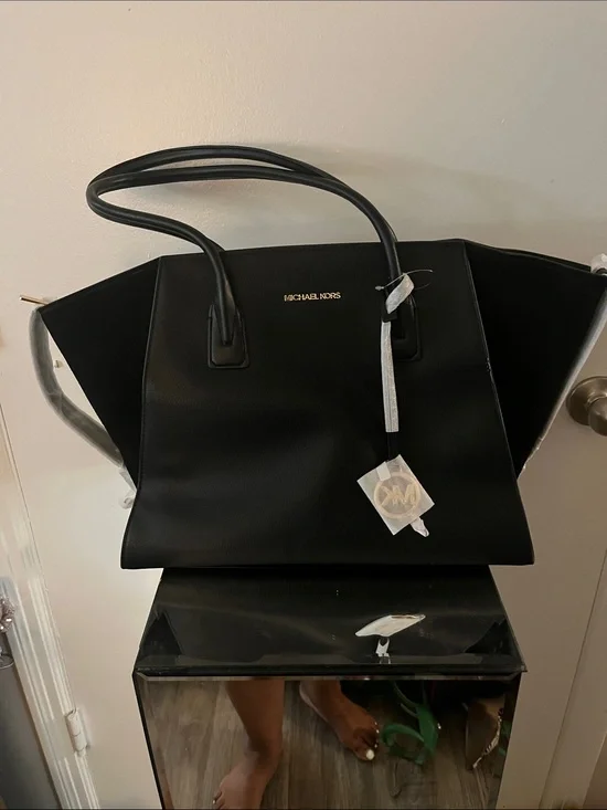 Michael Kors Black Leather Wing-Style Tote with Gold Logo Accent