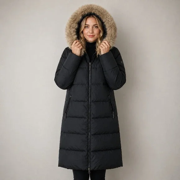 Michael Kors Down Puffer Coat‎ Sz L Black Faux Fur Hooded Parka Quilted Long