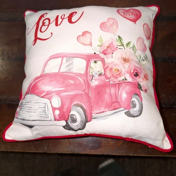 Valentines Day Vintage Pink Truck Heart Balloons Roses Decorative‎ Throw Pillow