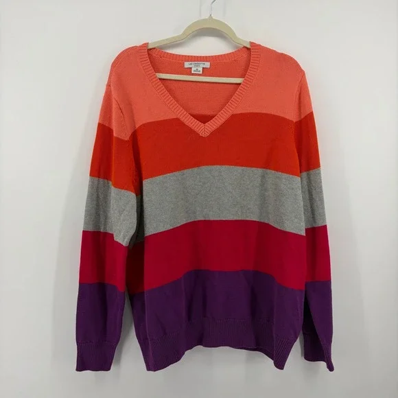 Liz Claiborne Sweater‎ 2X Multicolor Striped V-Neck 100% Cotton Knit Pullover