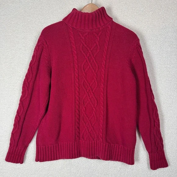 Eddie Bauer Womens XL Cable Knit Turtleneck Red Sweater‎ Preppy Casual Fisherman