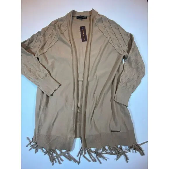 Adrienne Vittadini Womens Tan Cardigan Open Front‎ Fringe Trim Size Small NEW