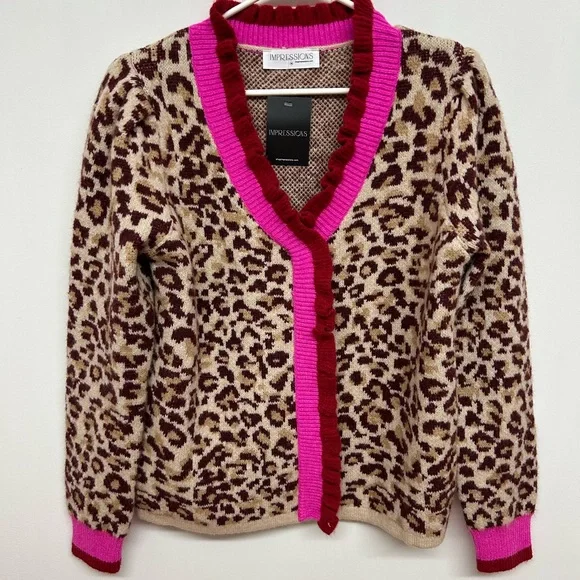 NWT. Impressions Beige Leopard Cardigan with Hot Pink & Burgundy Trim Size M