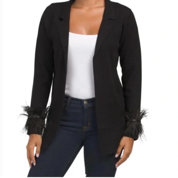 Sioni Black Longline Open Front Feather Cuff Knit Cardigan Sweater Blazer