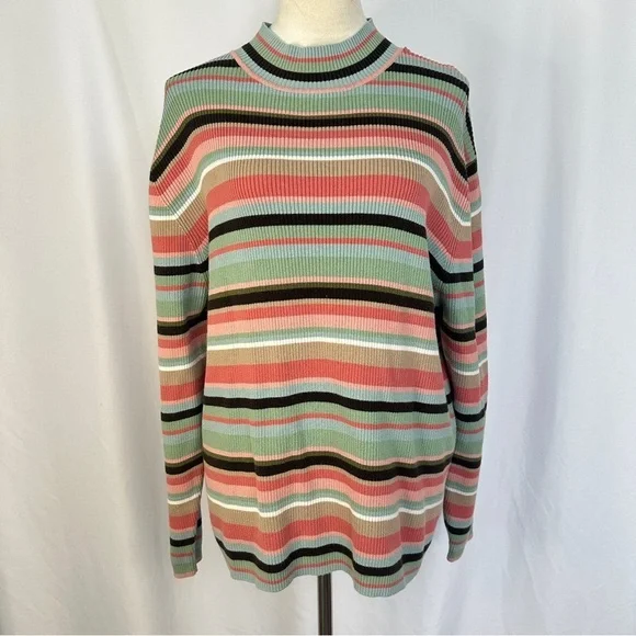 Kate Hill Sweater Women Plus 2X Crewneck Pullover Cable Knit Stripes Pima Cotton