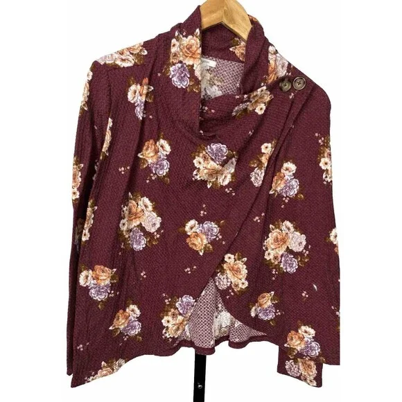 Maurices Sweater Cardigan Long Sleeve Draping Cowl Neck Burgundy Floral‎ Small