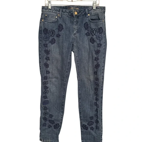 Michael Kors Dillon‎ Relaxed Embroidered Floral Jeans Denim Blue Women's