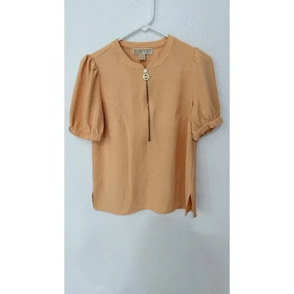 Michael Kors Peach‎ Textured Puff Sleeve Quarter Zip Top Womens XS