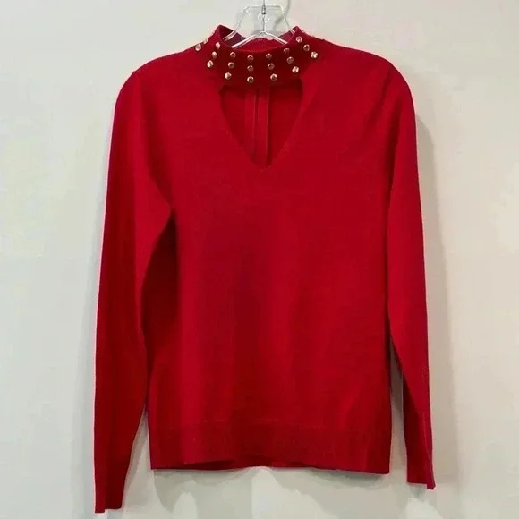 Michael Kors Women’s Red Mock Neck Studded Collar Sweater Size S