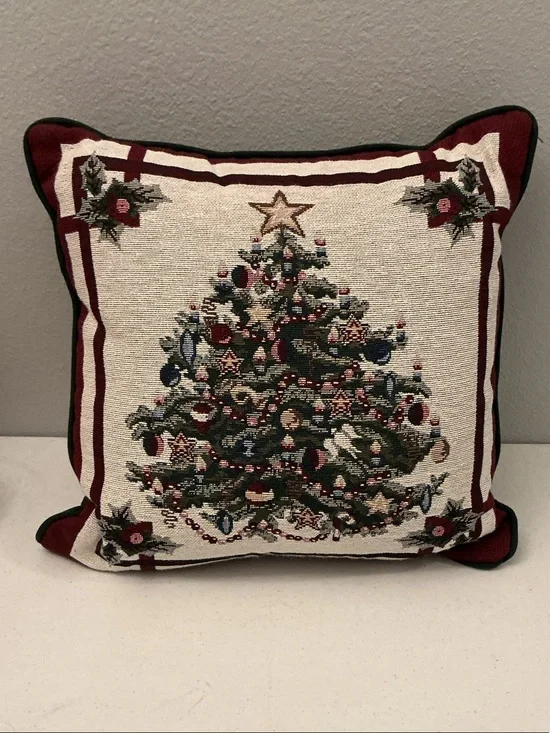 Newport Needlepoint Christmas Tree Pillow in Green, Red & Cream
