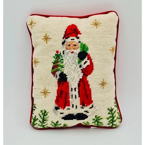 Christopher Radko Santa Needlepoint Pillow Vintage 2000 Wool Christmas Red 10x8