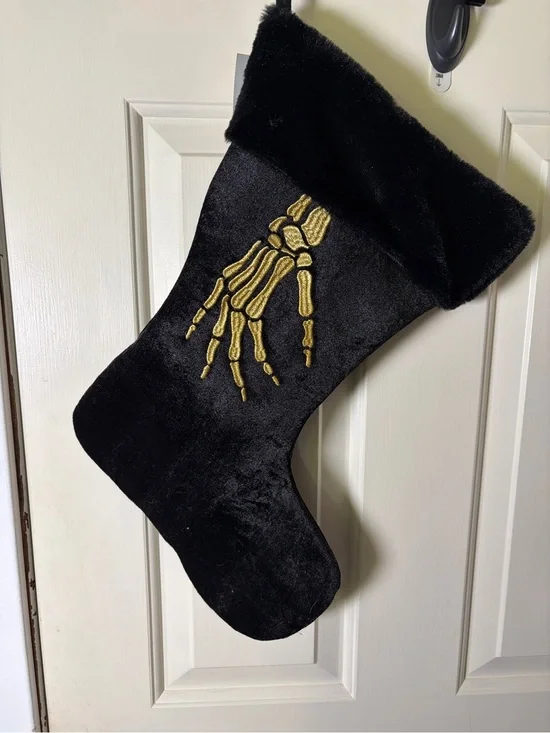 Black Velvet Holiday Stocking with Gold Skeleton Hand Embroidery