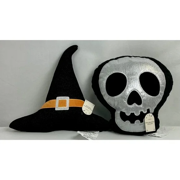 Halloween Decorative Pillow‎ Set Witch Hat & Silver Skull Plush New Soft & Comfy