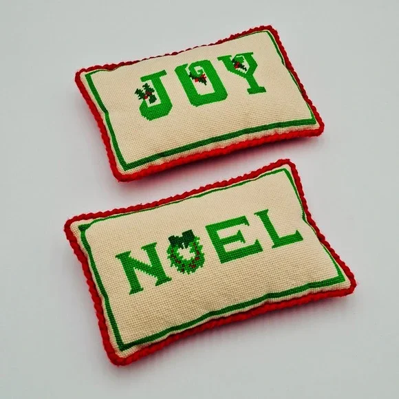 Vintage Christmas Needlepoint Pillows Joy Noel Set of 2 Red Green Cream  6x10