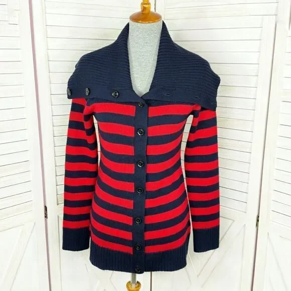 Banana Republic Striped Shawl Collar Button Up Cardigan Sweater Red Blue‎ Small