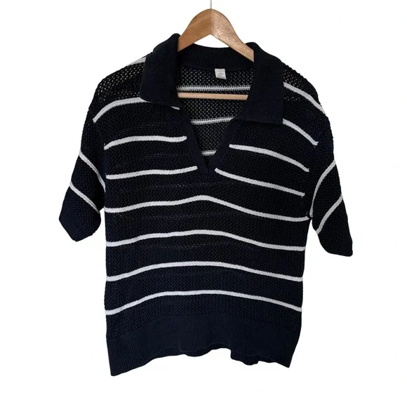 Old Navy Polo Sweater Womens Large Navy Blue Striped Excellent Open‎ Knit Cotton