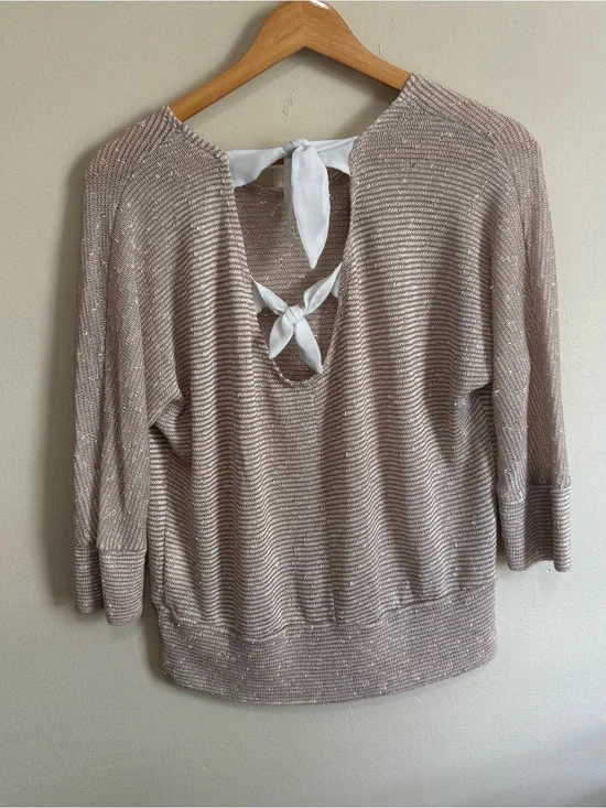 A. Byer Textured Knit Bow Back Sweater Blouse Beige White Stripe L